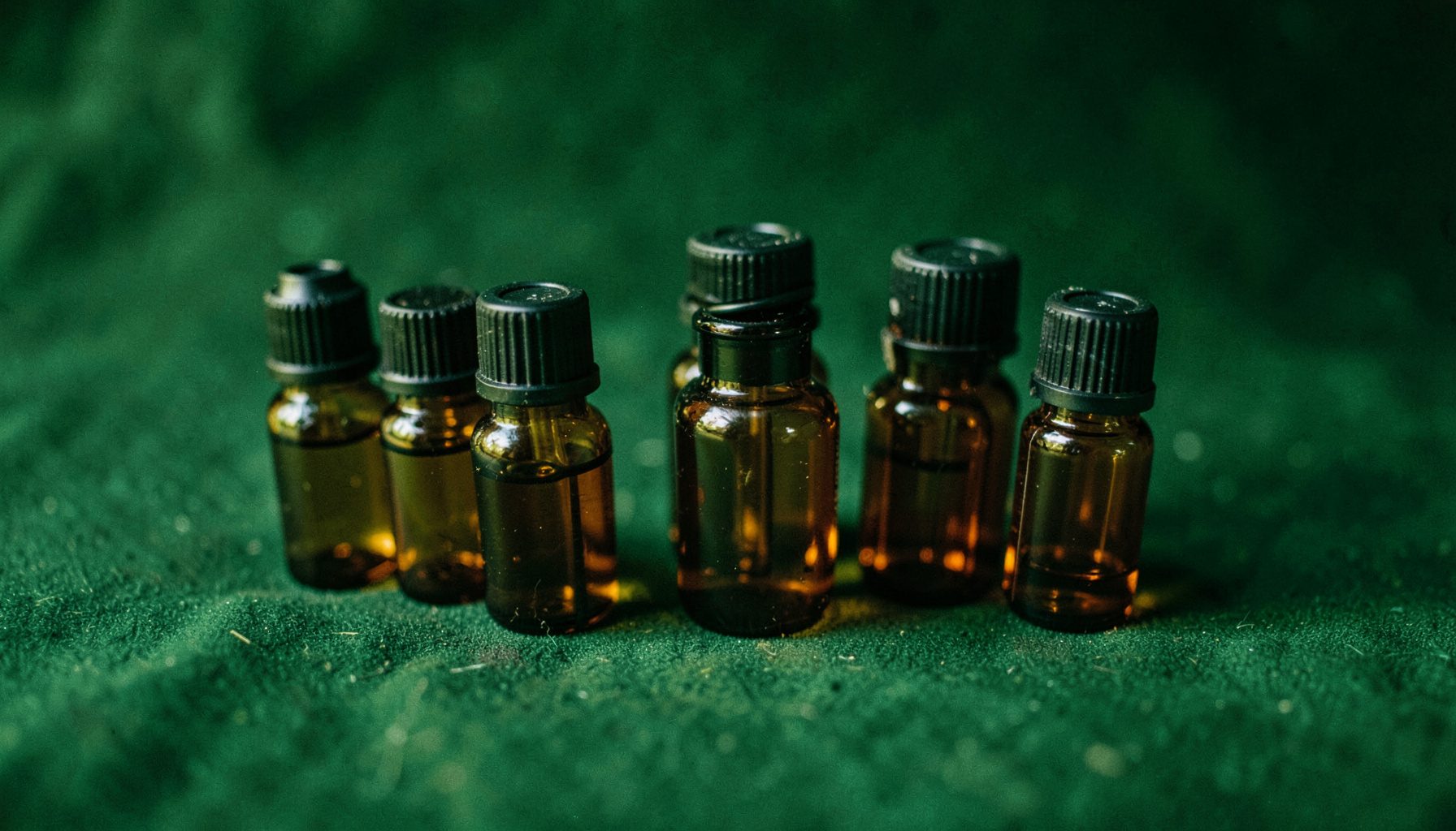 Documentary still life of small amber glass tincture bottles arranged on a dark forest-green background, soft natural light, warm golden liquid tones
