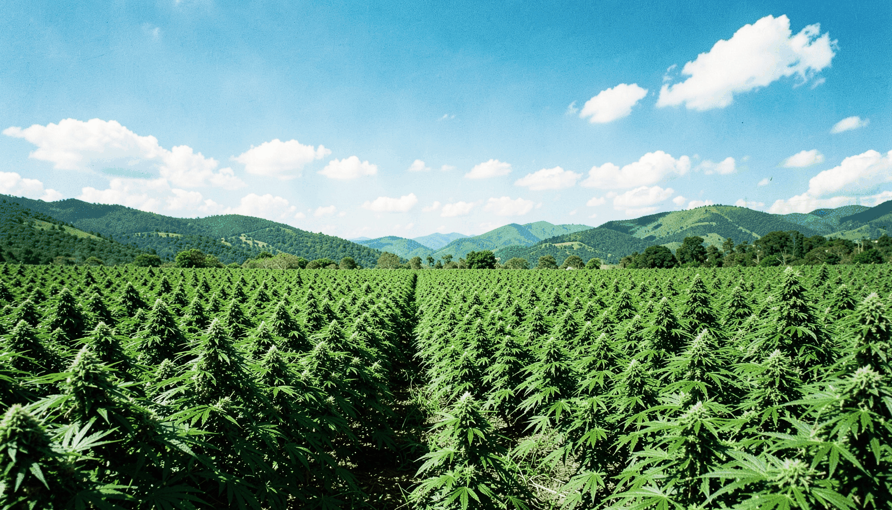 Panoramic documentary photograph of a sunlit cannabis cultivation field stretching toward distant rolling hills, lush green canopy under a clear blue sky with scattered cumulus clouds