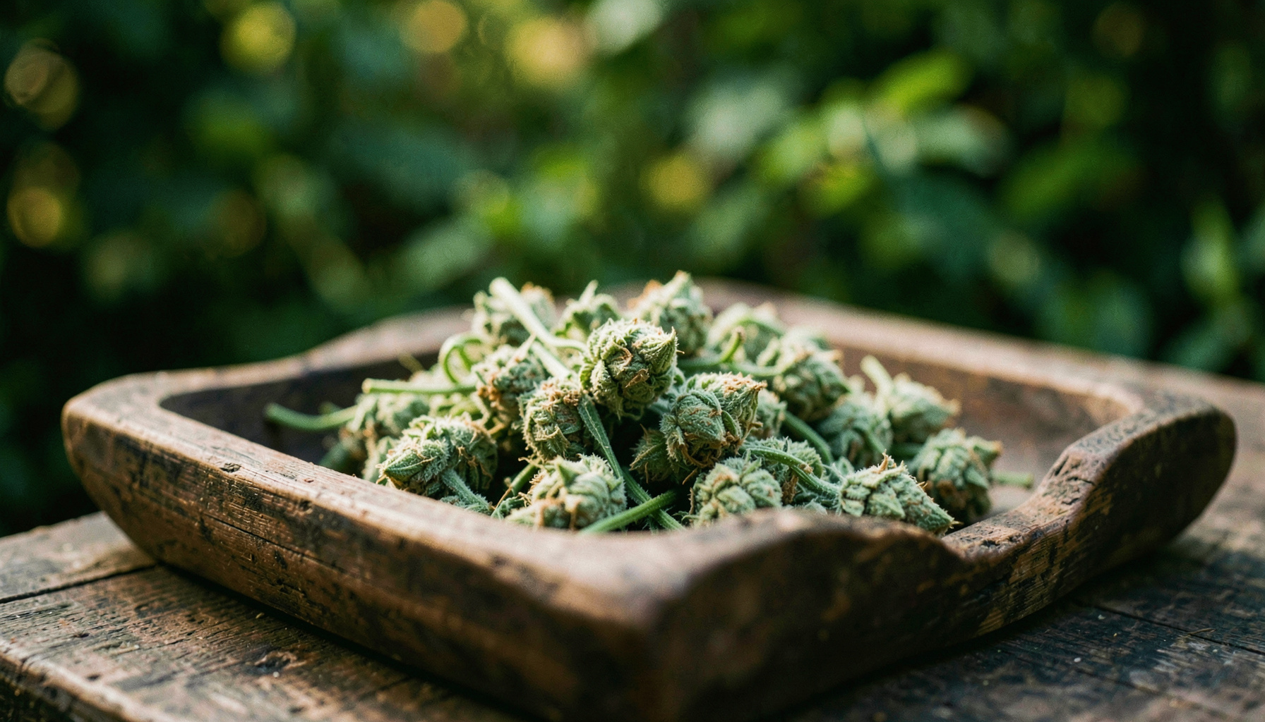 Documentary photograph of loose hemp flower buds resting on a rustic wooden tray, shallow depth of field, deep greens with amber highlights, soft afternoon light
